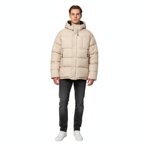 NWT Soulland Mens Oversized S M Beige Hooded Padded Ian Puffer Jacket - Picture 1 of 8